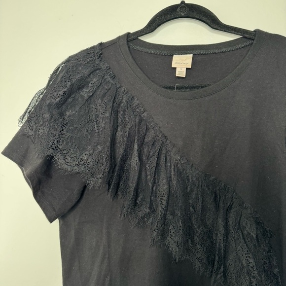 Cinq a Sept Mia Black Lace Ruffle Cotton Short Sleeve Top medium - Picture 3 of 9